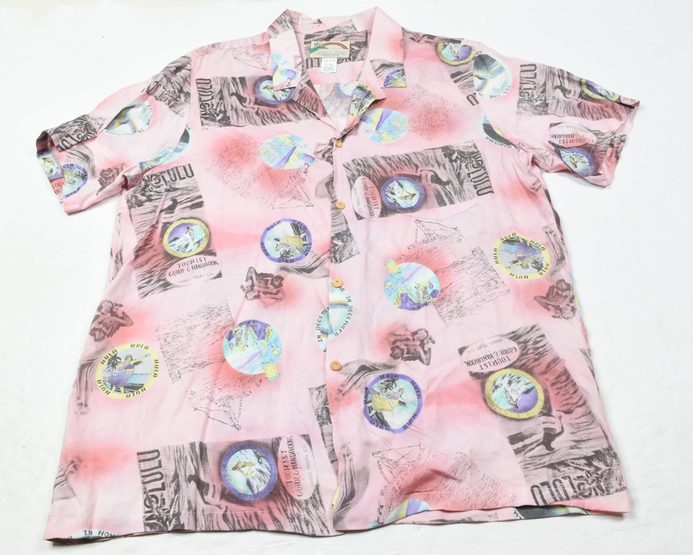 Paradise Found Hawaiian Shirt Mens XL Pink Honolulu Hulu Girls Short Sleeve